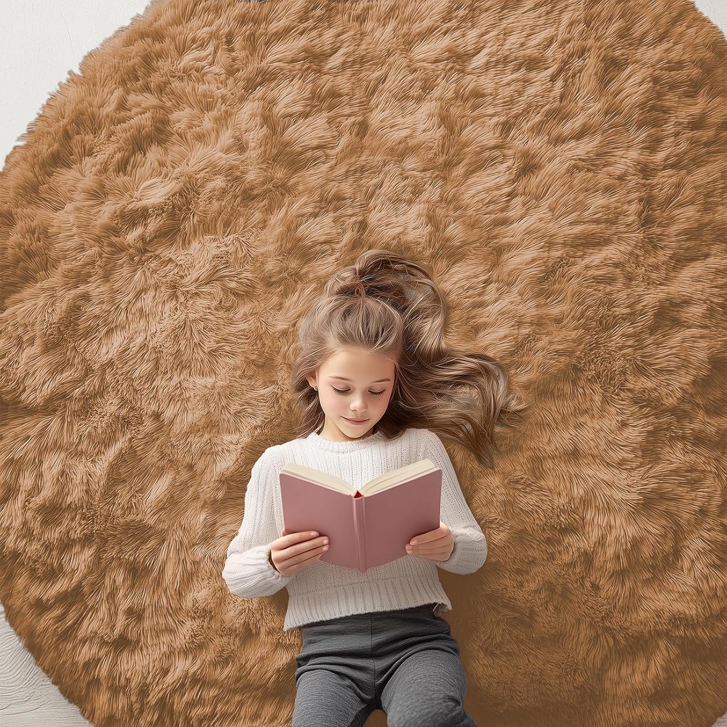 OLANLY Round Khaki Area Rug - Soft, Fluffy, Machine Washable 6 ft Circle Carpet for Bedroom & Living Room