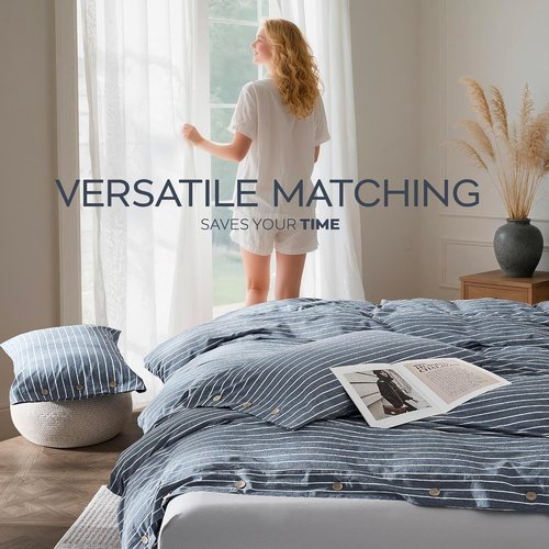 JELLYMONI Queen Size Washed Cotton Duvet Cover - Breathable Blue Striped Bedding Set with Button Closure | Includes 1 Duvet Cover & 2 Pillowcases