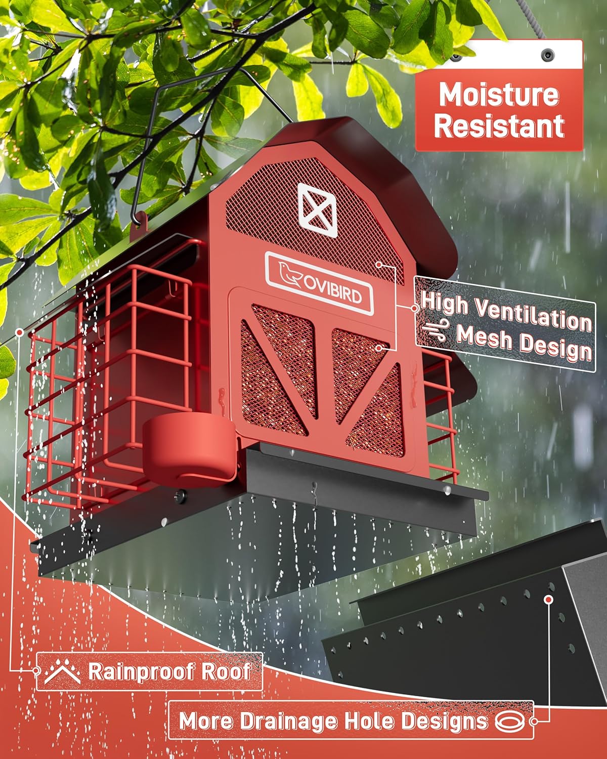 Red Barn Metal Bird Feeder - Large 5LBS Outdoor Hanging Feeder with 2 Suet Cages | Weather Resistant for Bird Watching
