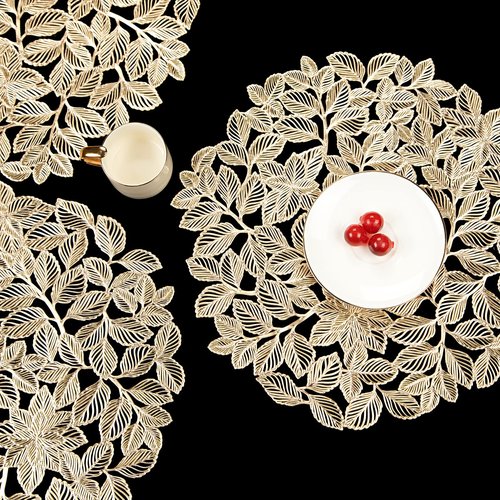 Crisjanggo Gold Leaf Placemats Set of 8 Metallic Round Placemats Wipeable Waterproof Table Mats for Kitchen Dinner Indoor Outdoor Wedding