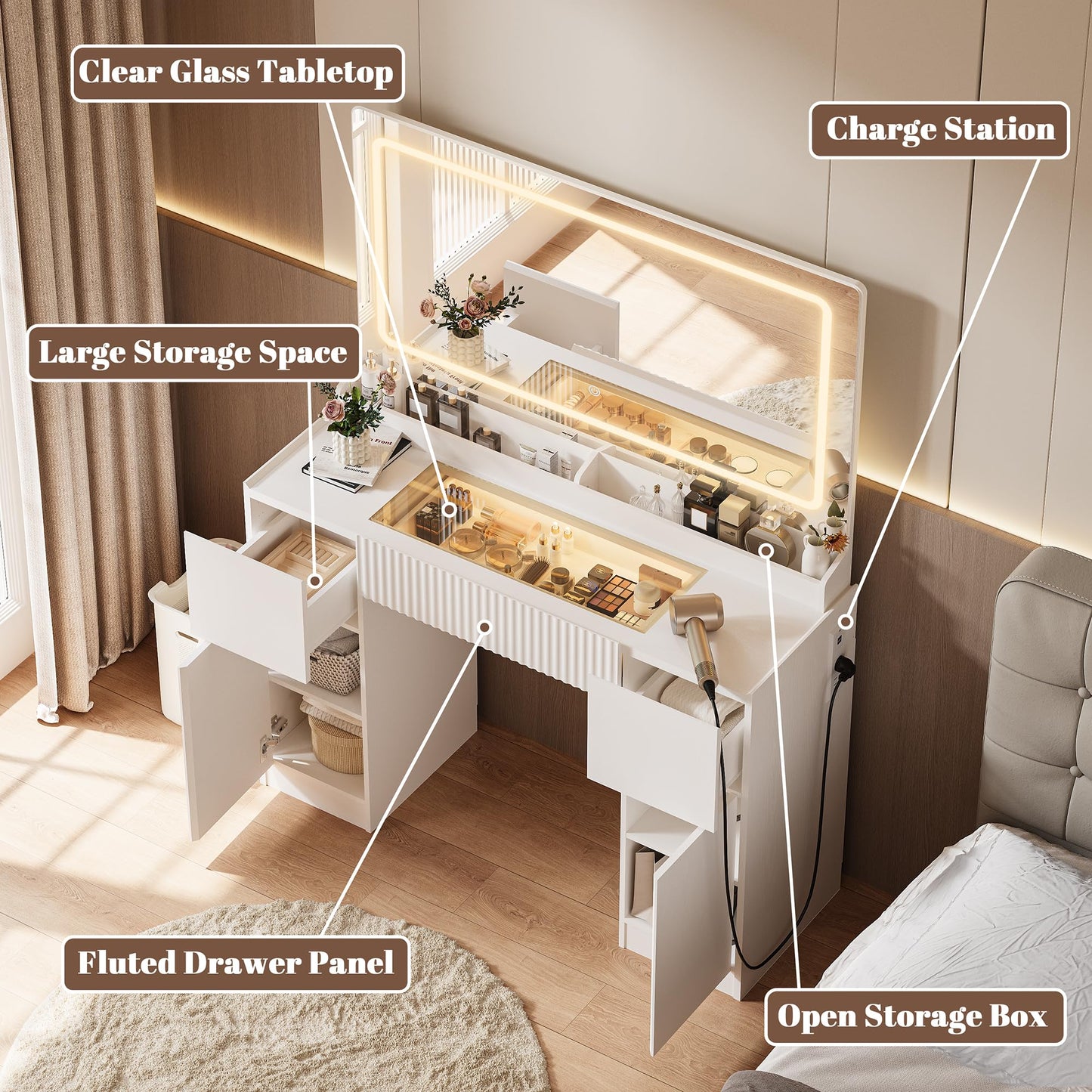 INNOD 44" Vanity Desk with Large Mirror and Lights, Modern Glass Top Makeup Vanity Set with Power Outlet, 3 Drawers and 2 Cabinet, 3 Lighting Color Adjustable Dressing Table for Bedroom,Pure White