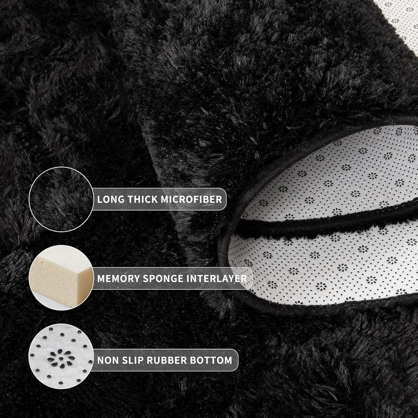 Tepook Super Soft Fluffy Rug - Modern Shaggy Fuzzy Indoor Carpet | Non-Slip, Black, 4 x 6 Feet