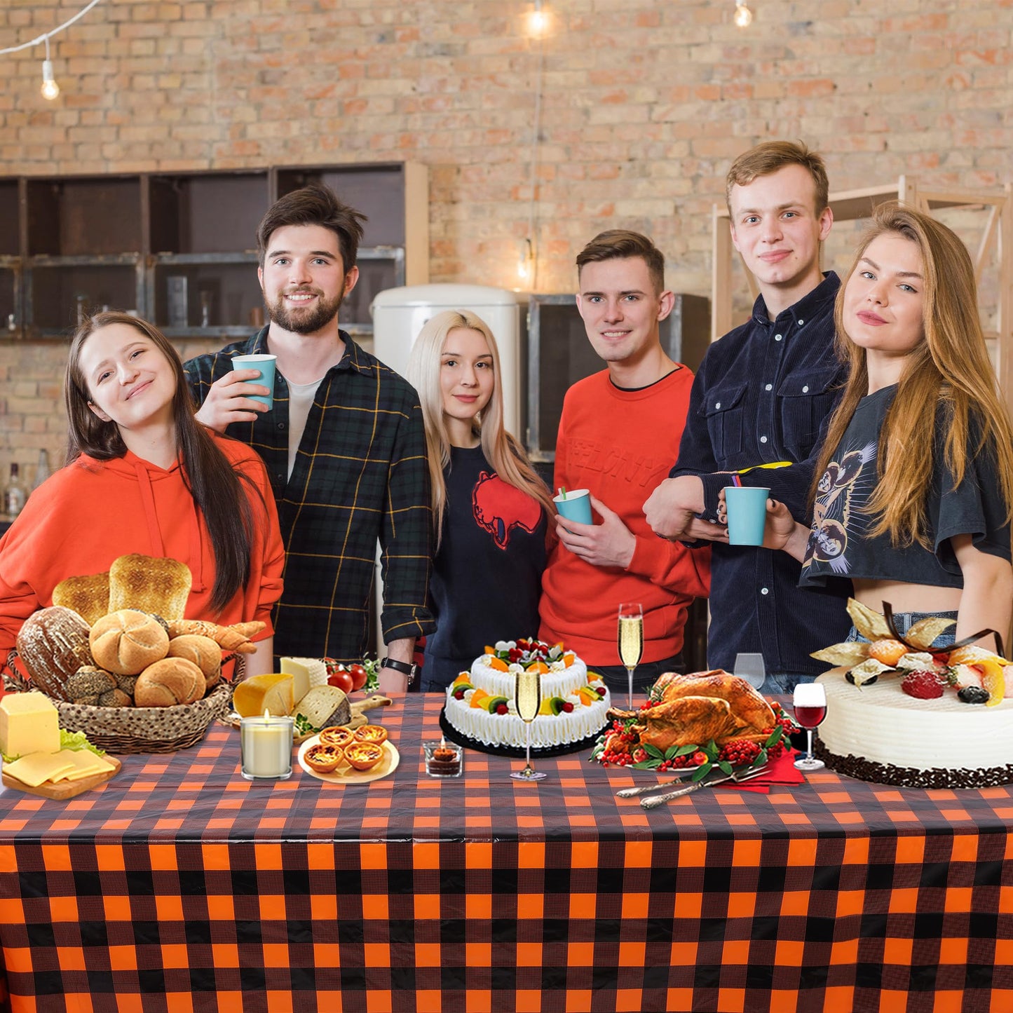 Kesfey 3 Packs Fall Orange Buffalo Check Plaid Tablecloth 54 x 108 Inches Waterproof Autumn Thanksgiving Gingham Table Cloth Disposable Orange and Black Plastic Checkered Picnic Tablecover for Camping