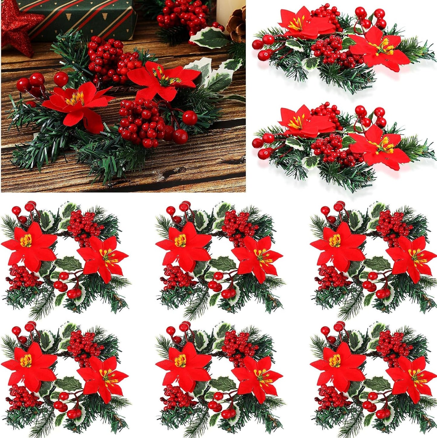 Yilloog Mini Christmas Candle Rings - 8 Sets of Berry & Pinecone Wreaths for Festive Table Decor