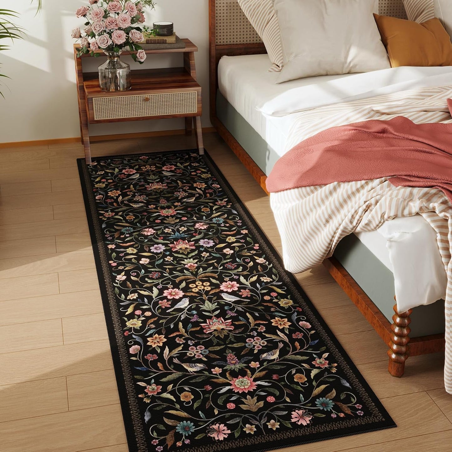 Vintage Medallion Floral Runner Rug - Washable Non-Slip Low Pile Carpet | 2'7"x8' | Black