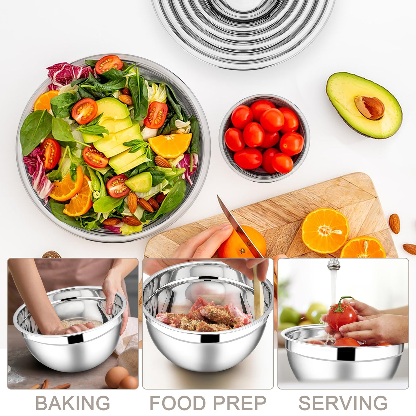 E-far Mixing Bowls with Lids Set, 7-Piece Stainless Steel Metal Mixing Bowls with Grater Attachments, Size 4.6, 3.5, 2.6, 2, 1.5, 1, 0.7QT, Nesting Design & Khaki Airtight Lids, For Cooking/Serving