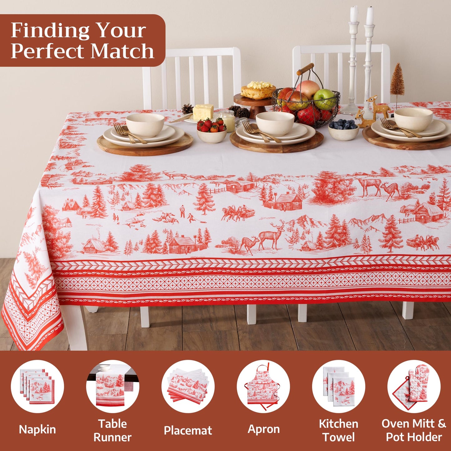 Maison d' Hermine Table Cloth Rectangle Table 100% Cotton 60 x 90 Inches Fall Tablecloth Reusable Everyday Use for Thanksgiving Christmas Decorations Dining Farmhouse Party (Winter Jouy)