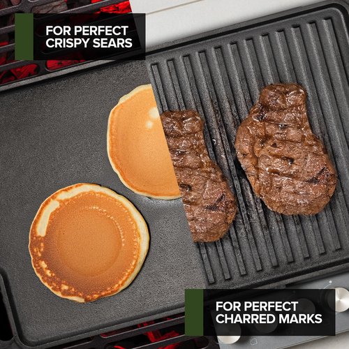 Cast Iron Griddle/Grill Reversible Combo Set + Protective Mitts, Grill Press & Scraper- Pre-seasoned Indoor & Outdoor gas Stove Griddle- Stovetop, Camping or Home Cooking Non-Stick Griddle Pan