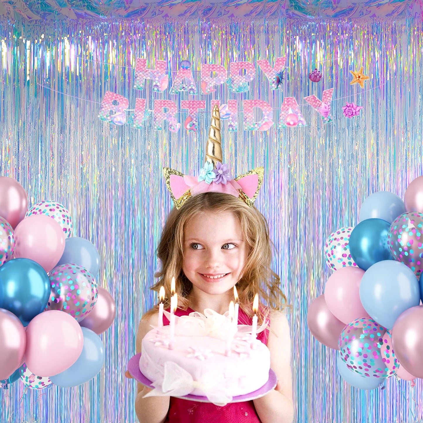 Melsan Iridescent Foil Fringe Backdrops Party Decorations - 3.2 x 6.56 ft Metallic Tinsel Photo Backdrop Curtains for Ocean Princess Birthday Parties - Iridescent 2 Packs