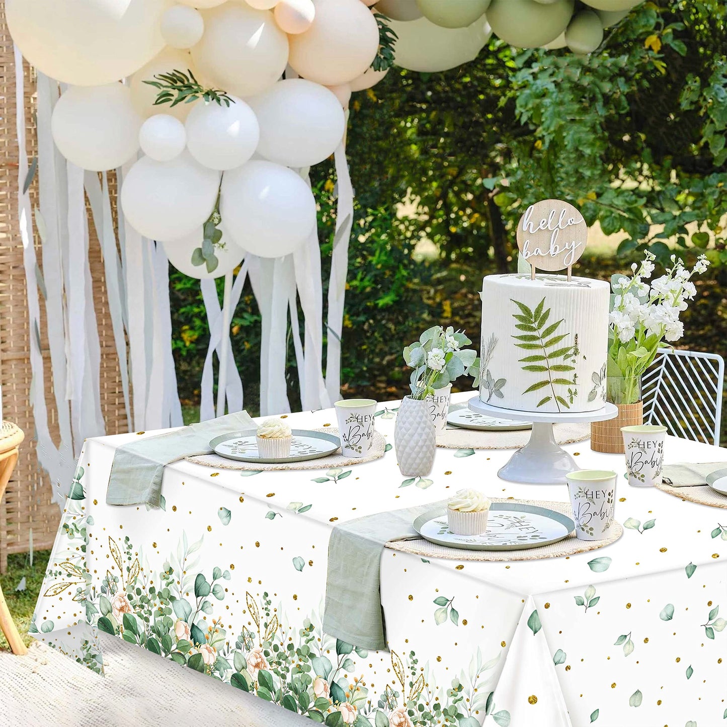 Sage Green Eucalyptus Leaf Tablecloth for Baby Shower Party Decoration Disposable Plastic Sage Greenery Tablecloth Table Cover Boho Woodland Neutral Baby Shower Wedding Party 54 x 108IN (3, Greenery)