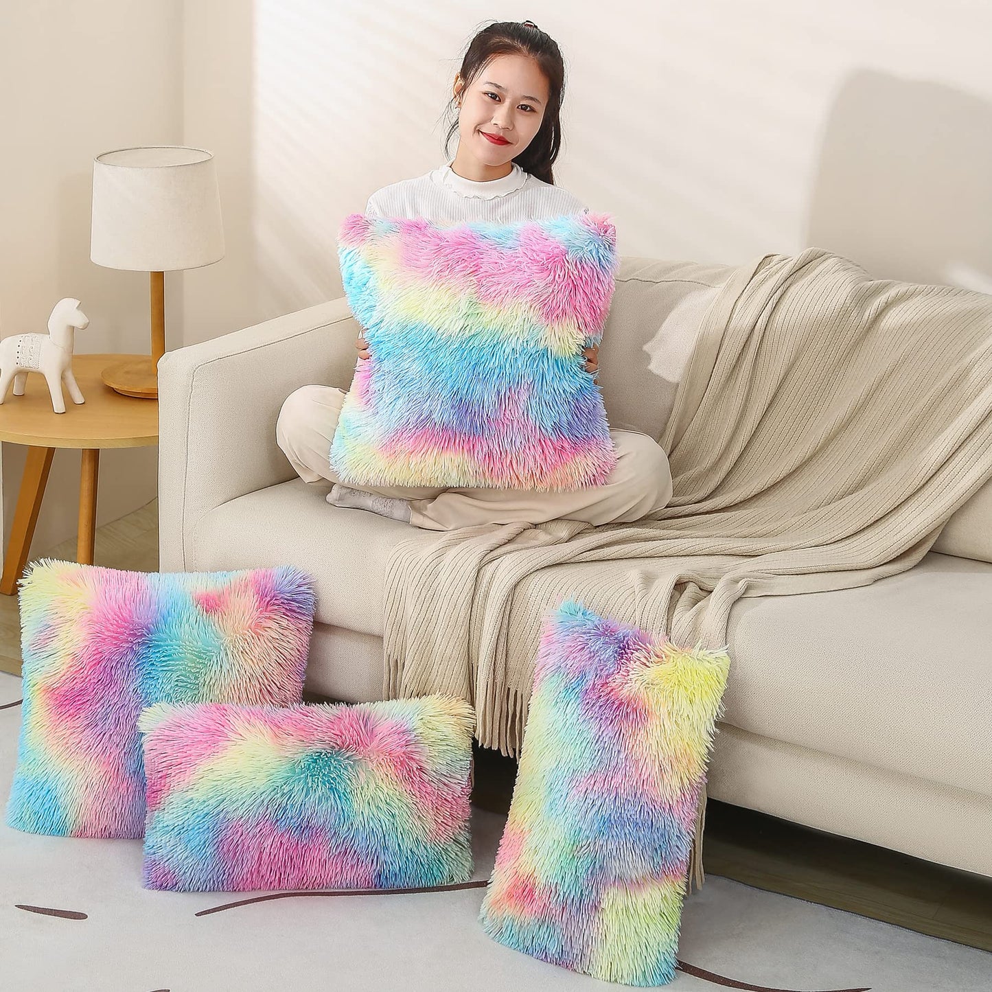 Dongchen Soft Fur Faux Fur Throw Pillow Covers Pack of 2 Peach Blush Plush Decorative Tie Dye Pink Throw Girls Pillow Covers Cute Cushion Cases Pillowcases for Sofa Couch Living Room Bedroom