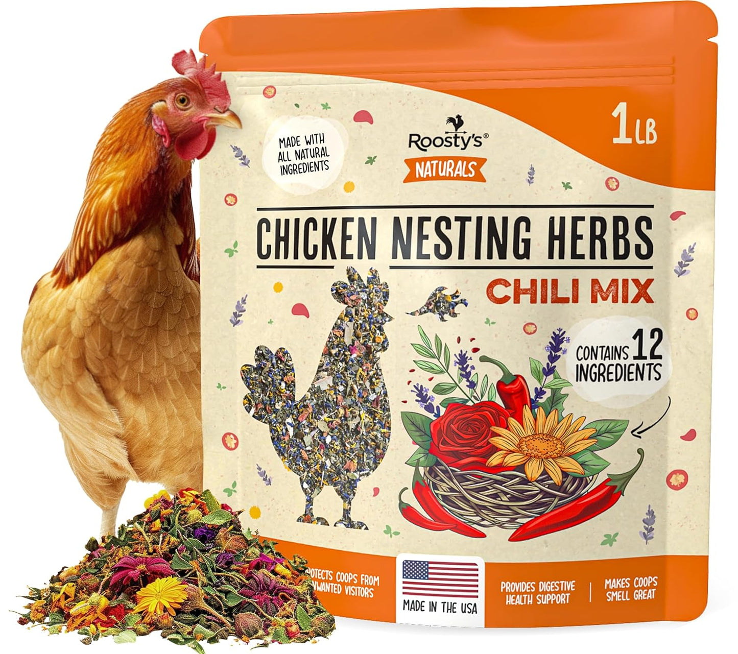 Roosty's Naturals Chicken Nesting Herbs - Chili Mix | 1LB Premium Coop Refreshing Treats Made in The USA