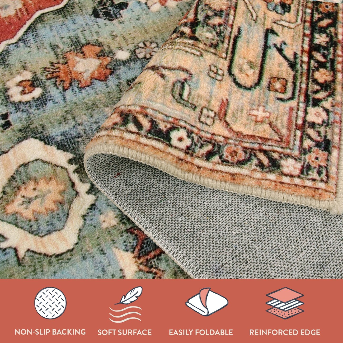 Lahome Boho Tribal 5x7 Washable Living Room Bedroom Rug, Oriental Soft Dining Room Rugs for Under Table, Large Distressed Printed Carpet for Entryway Kitchen Playroom (Rust/Dull Teal,5x7ft)