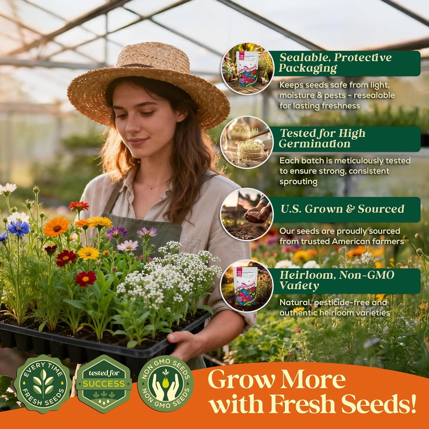 Seedphony 21 Annual Wildflower Mix - 100,000 Non-GMO Heirloom Seeds in Waterproof Packet | Attract Bees & Butterflies