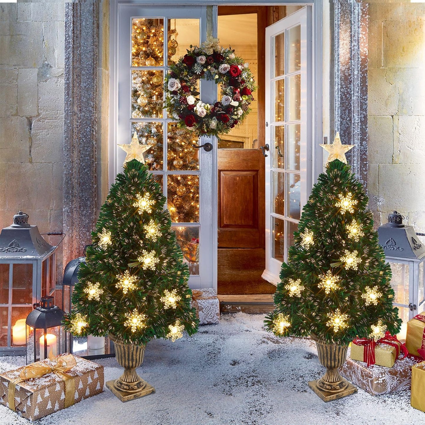 Juegoal Pre-Lit Artificial Christmas Trees - 3 FT Lighted Green Fiber Optic Entrance Trees with Gold Urn Base | 8 Lighting Modes & 110 Branch Tips for Festive Holiday Decor