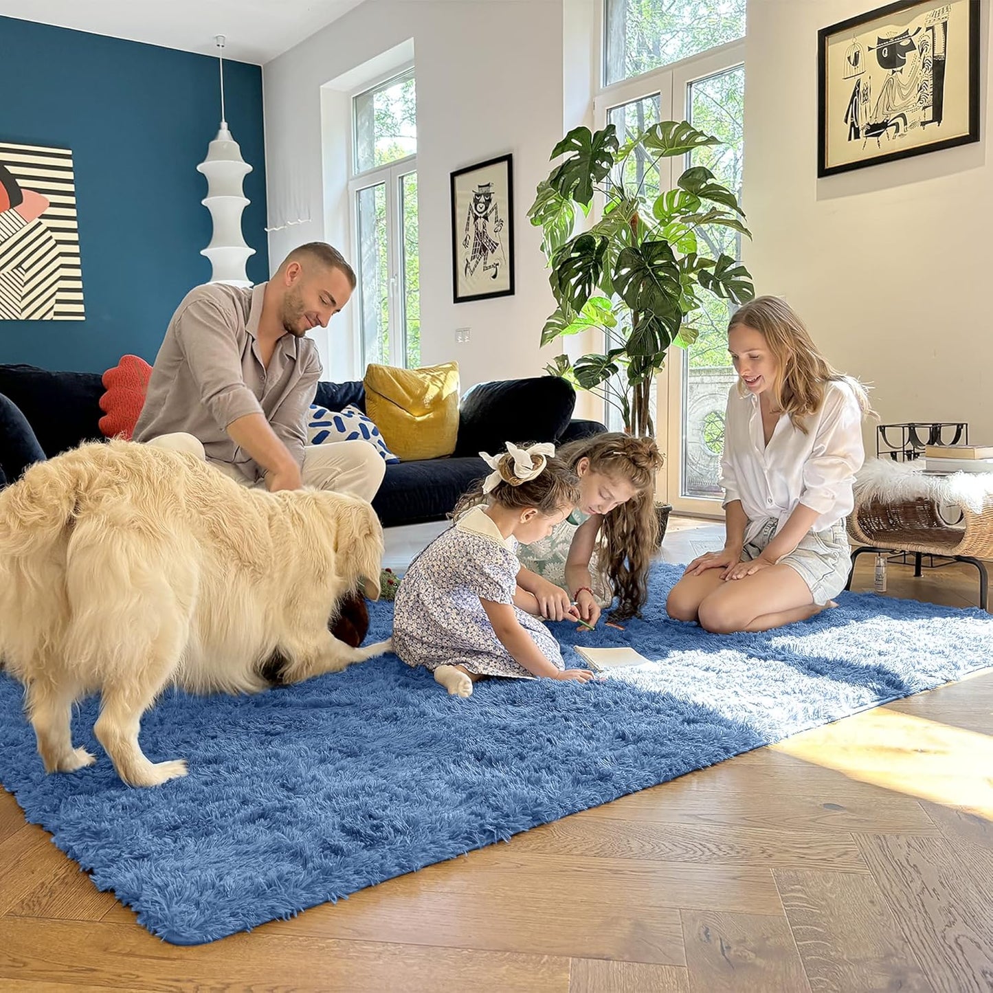 OLANLY Area Rugs - Soft Fluffy Shaggy Indoor Carpet for Living Room & Bedroom | 4x5.9 ft, Blue