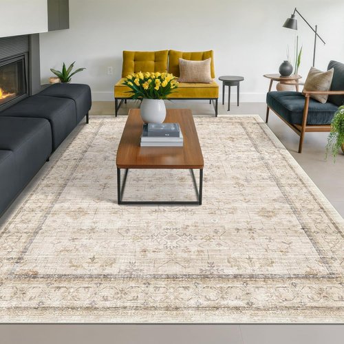Hazo Haus Washable Ivory Living Room Rug - 8x10 Non-Slip Area Rug for Bedroom & Dining Room