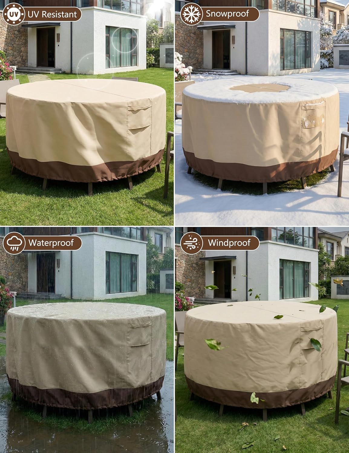 Vailge Outdoor Furniture Covers - Waterproof & Windproof 600D Oxford | Round Beige & Brown, 84" DIA x 28" H