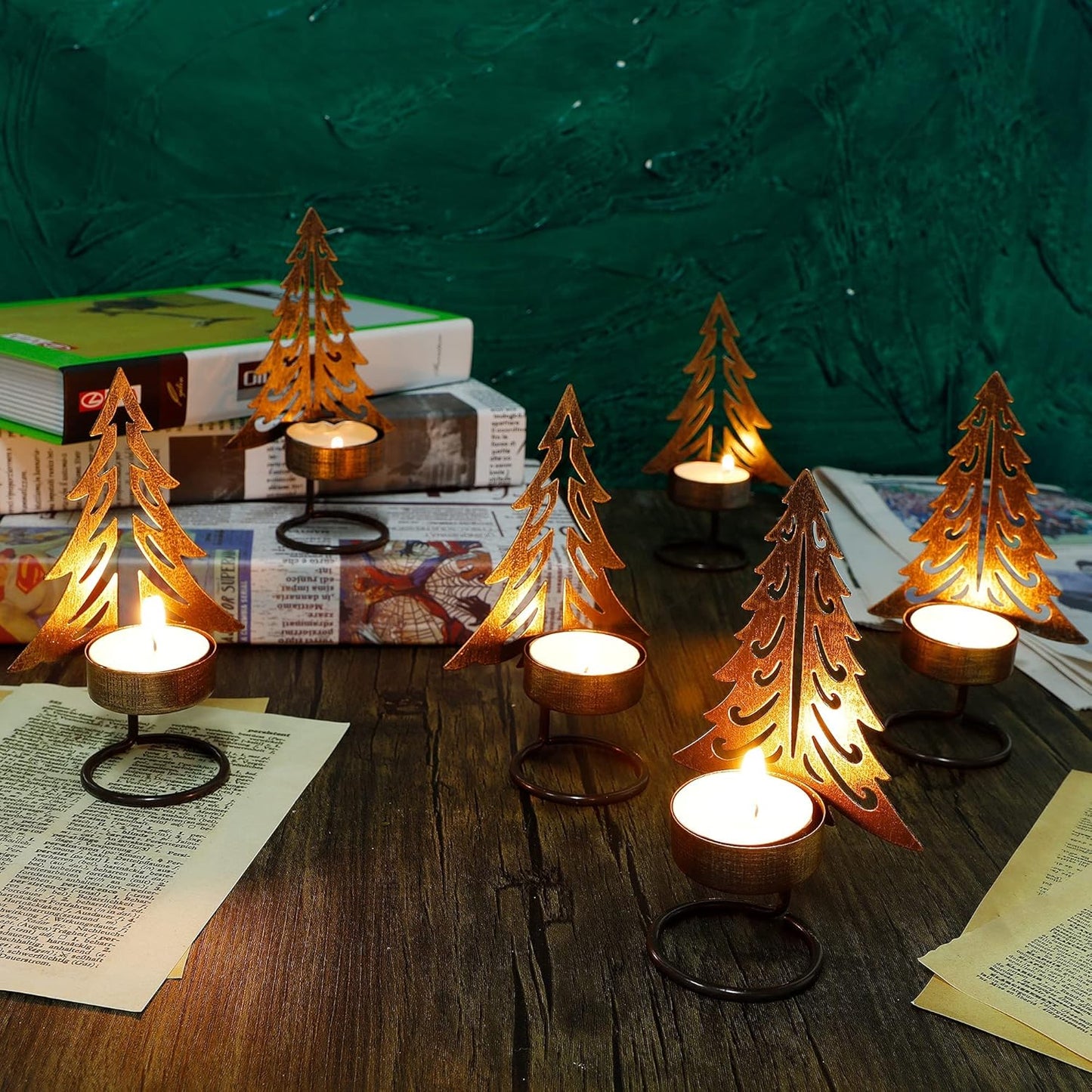 Juegoal Tea Light Candle Holders Set of 6 - Rust-Proof Metal Xmas Tree Centerpieces for Holiday Decor