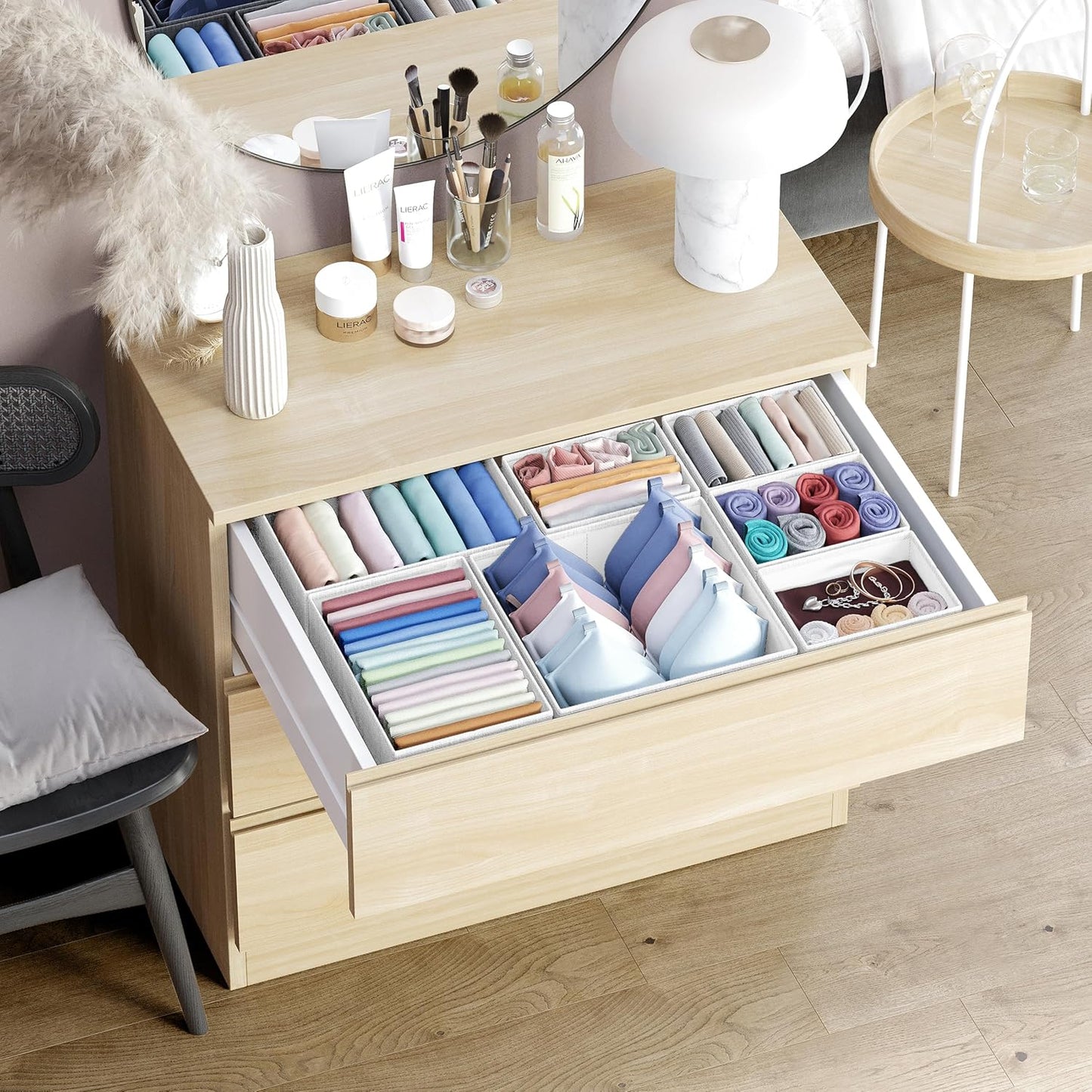 Skiennix Drawer Organizer Set of 12 - White-Grey Dresser Storage for Nursery & Bedroom Organization