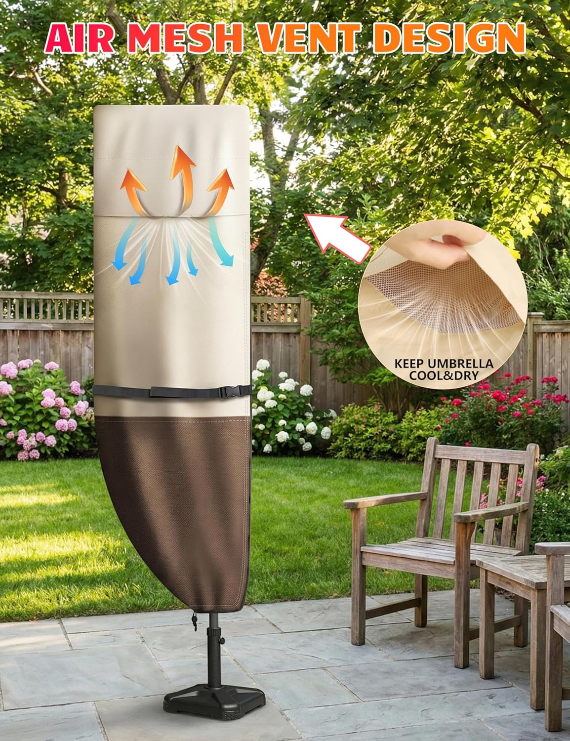 Vailge Patio Umbrella Cover - Waterproof & Windproof 600D Oxford for Double-Sided Umbrellas 13-15 Feet