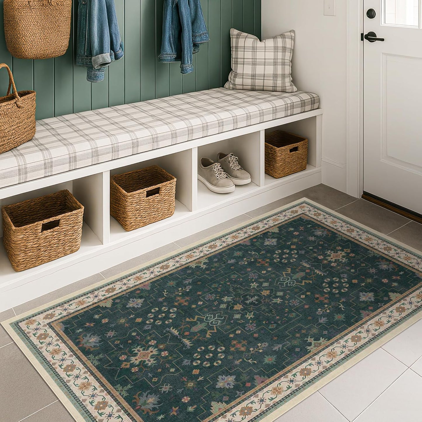 Oushak Dark Green 3x6 Kitchen Rug - Modern Vintage Boho Floral Design | Washable Non-Slip Area Rug