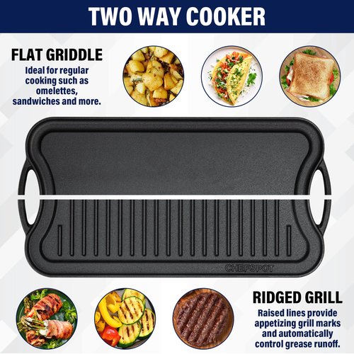 CHEFSPOT Griddle Pan for Stove Top – 20" Reversible Cast Iron Double Burner Griddle Plate, Multi-Use Preseasoned Pancake Pan with Handles - Works on most Stovetops, Grills, and Fire