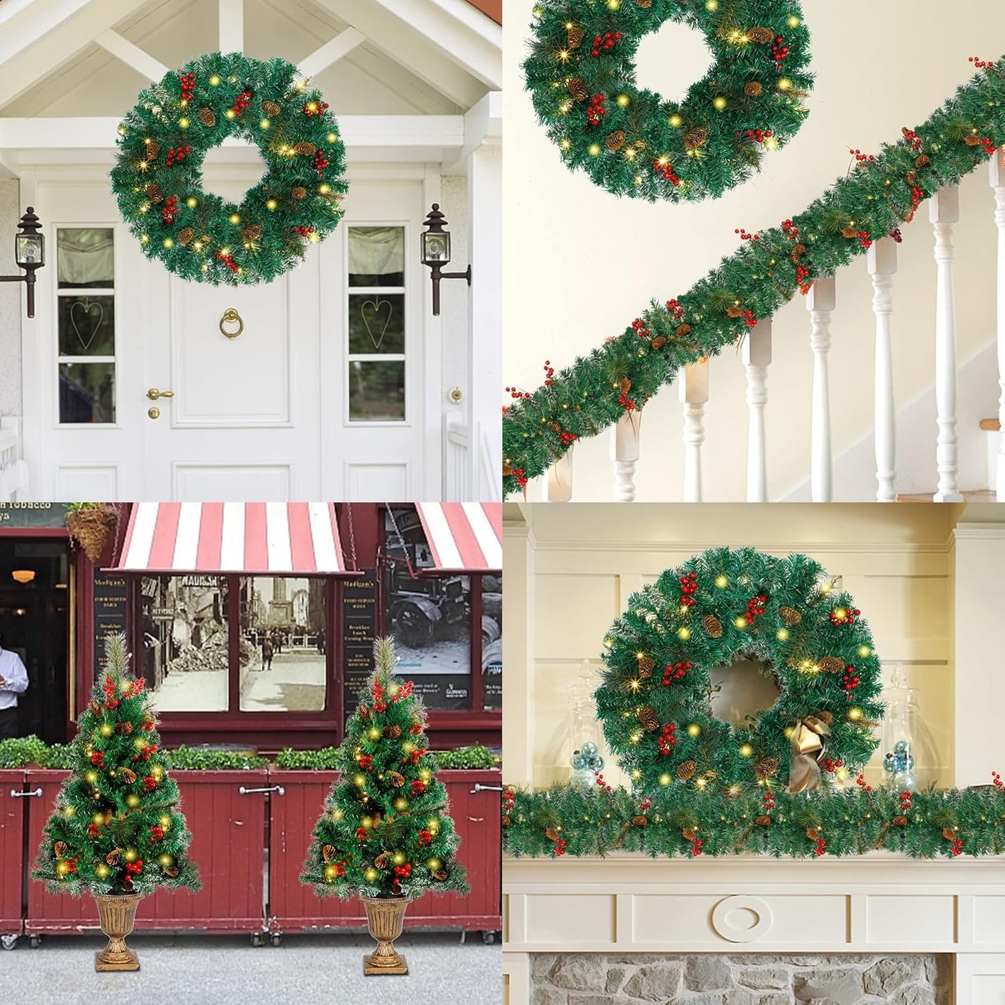 Juegoal Christmas Decorations - 4-Piece Pre-Lit Artificial Entrance Trees Set with Wreath & Garlands | 8 Lighting Modes & Timer for Festive Home Decor