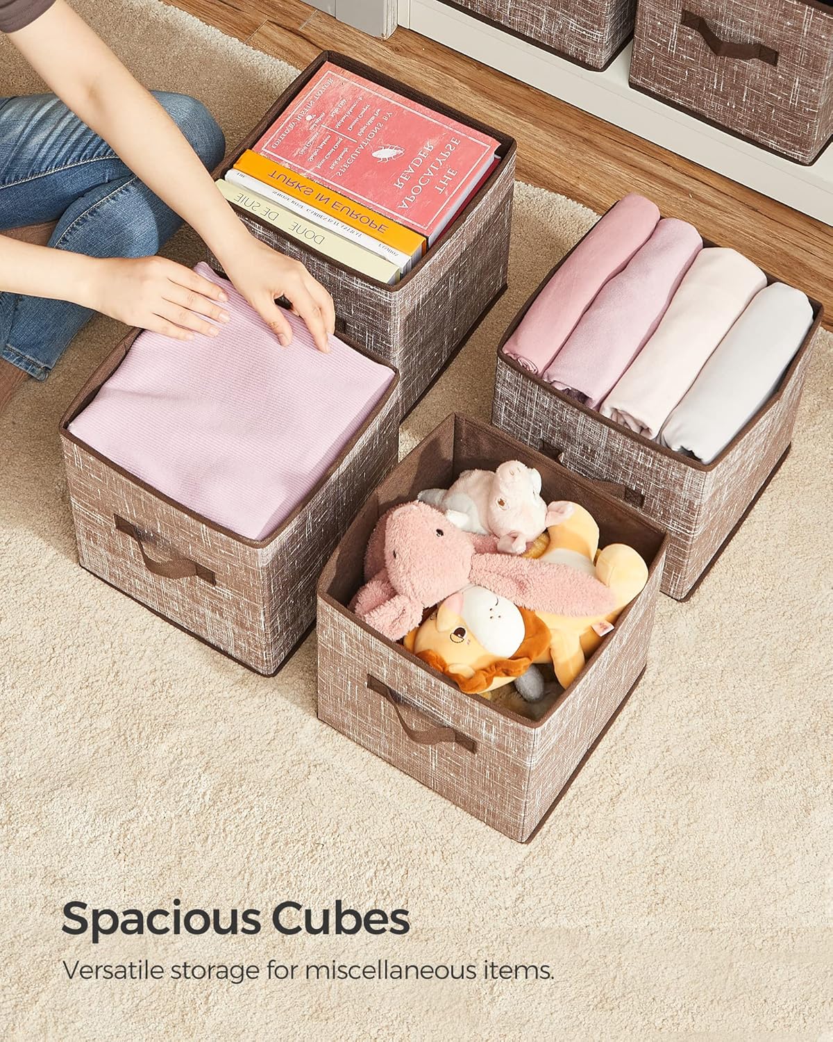 SONGMICS Storage Cubes - 11-Inch Foldable Non-Woven Fabric Bins with Double Handles - Set of 6 in Walnut Color