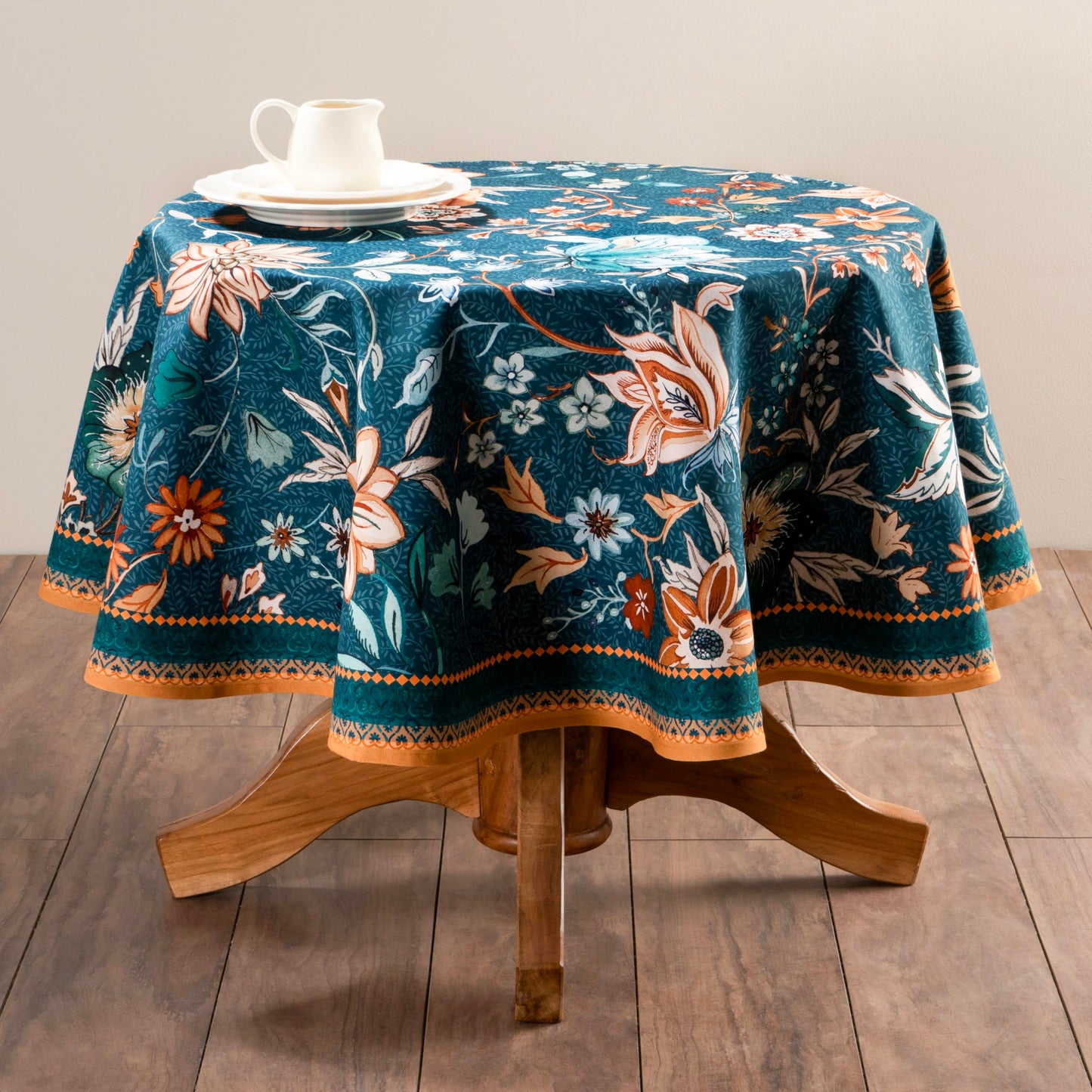 Maison d' Hermine Table Cloth Round Table 100% Cotton 69 Inches Fall Tablecloth Reusable Everyday Use for Thanksgiving Christmas Decorations Dining Farmhouse Party (Luxury Loft - Dark Teal)
