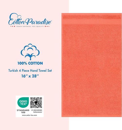 Cotton Paradise Hand Towels - 100% Turkish Cotton, Soft & Absorbent | 4-Piece Coral Set
