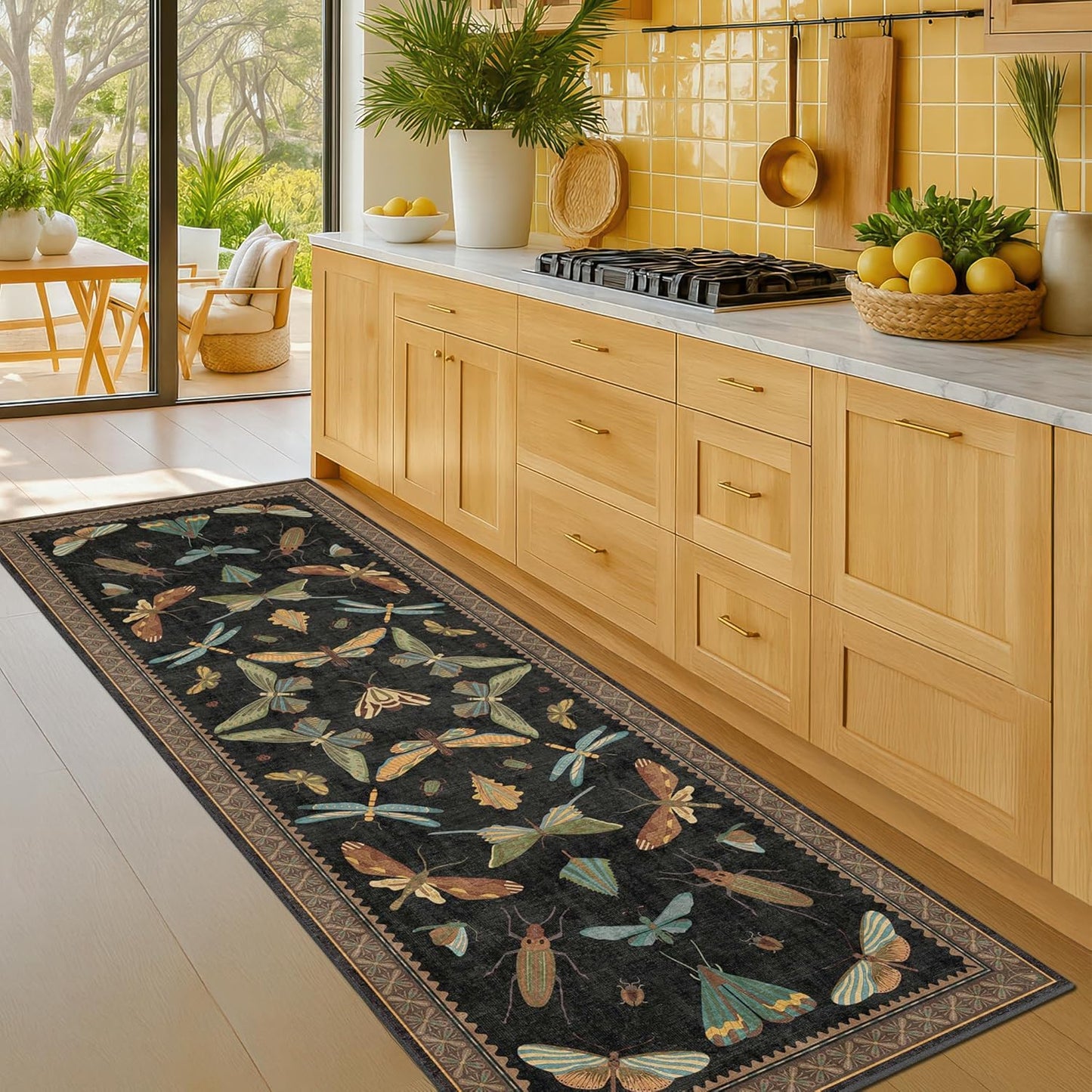 Skiennix Black Insect Washable Non-Slip Runner Rug - 2'6"x8' Stain-Resistant for Kitchen & Hallways | Dark Floral Boho Decor