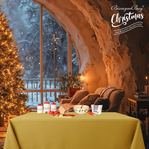 Biscaynebay Textured Fabric Rectangle Christmas Tablecloths 70x120 Inch, Gold Water Resistant Tablecloths for Dining, Kitchen, Wedding, Parties etc. Machine Washable