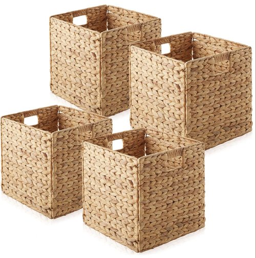 Casafield Storage Baskets - 12" x 12" Natural Water Hyacinth Organizers | Set of 4 Collapsible Bins for Home