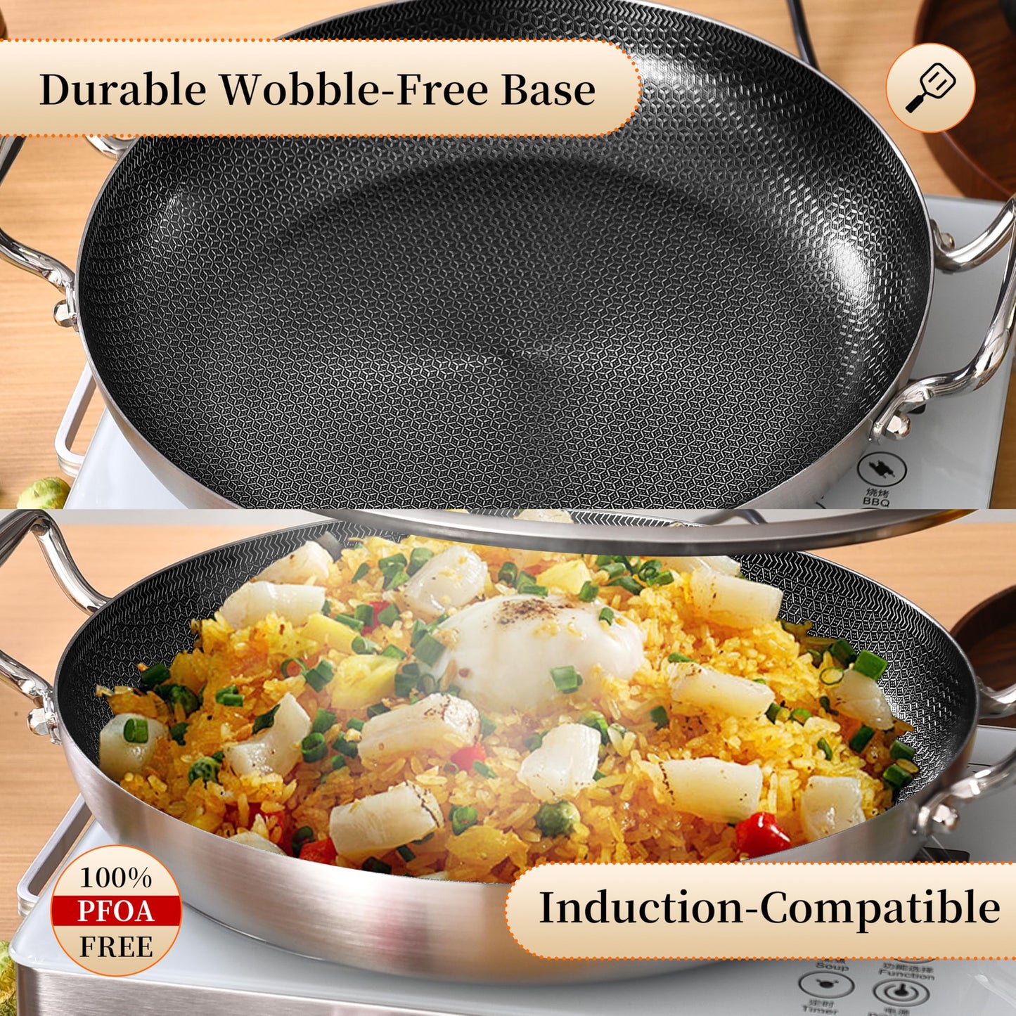 Inqibee 13-Inch Hybrid Tri-Ply Stainless Steel Paella Pan with Lid, Ceramic Non Stick Large Skillet, Induction Cooking Pan, Anti-Scratch, Dishwasher and Oven Safe