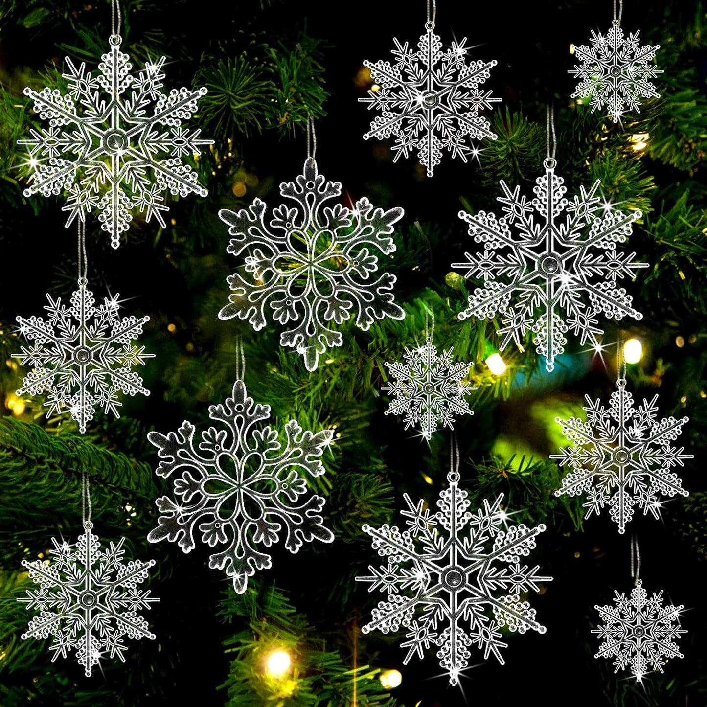 Skiennix Christmas Tree Decorations - 36Pcs Clear Plastic Snowflake Ornaments for Winter Wonderland Decor