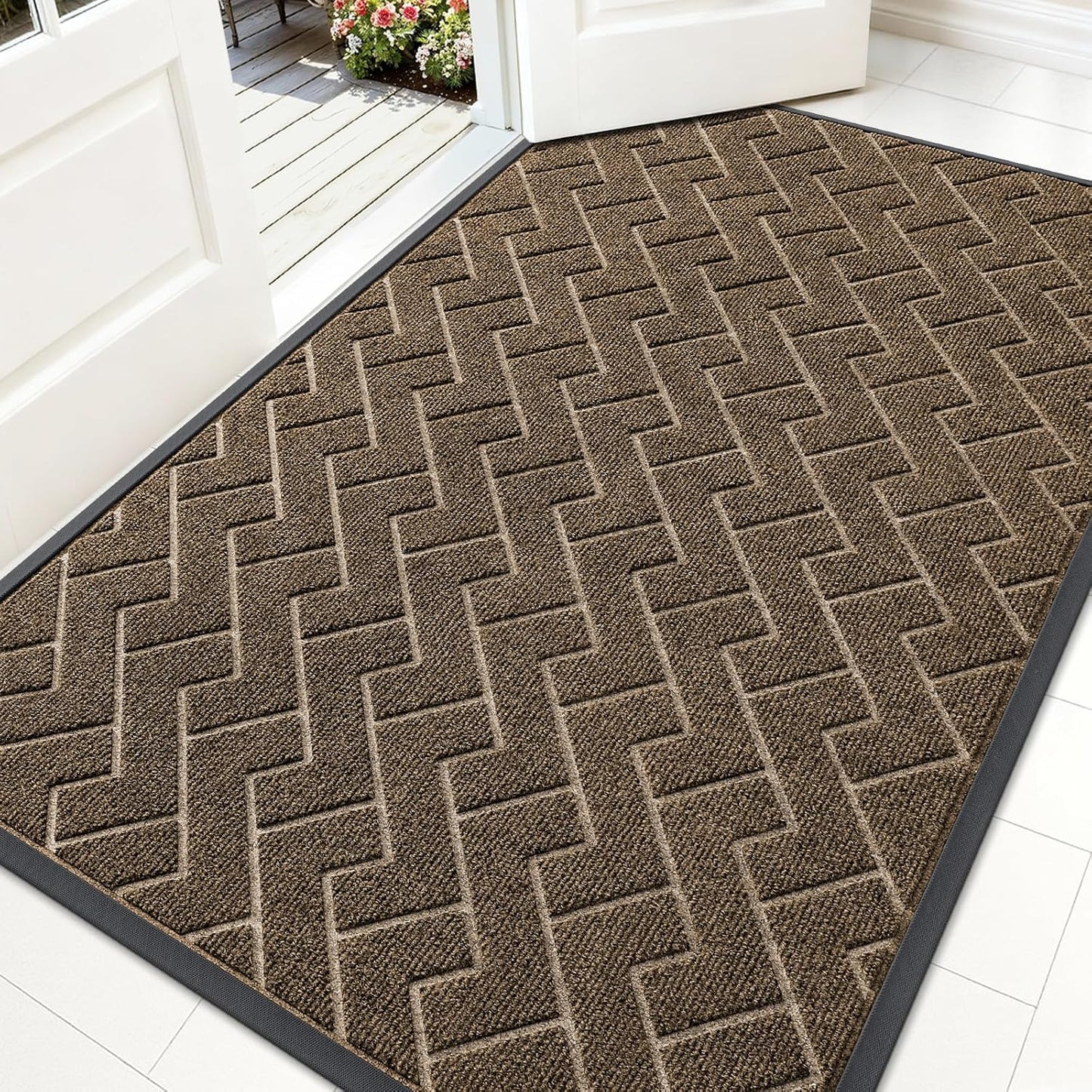 OLANLY Indoor Outdoor Front Door Mat - Waterproof All-Season Doormat, Sturdy Rubber, Herringbone Brick (Brown, 59x35)