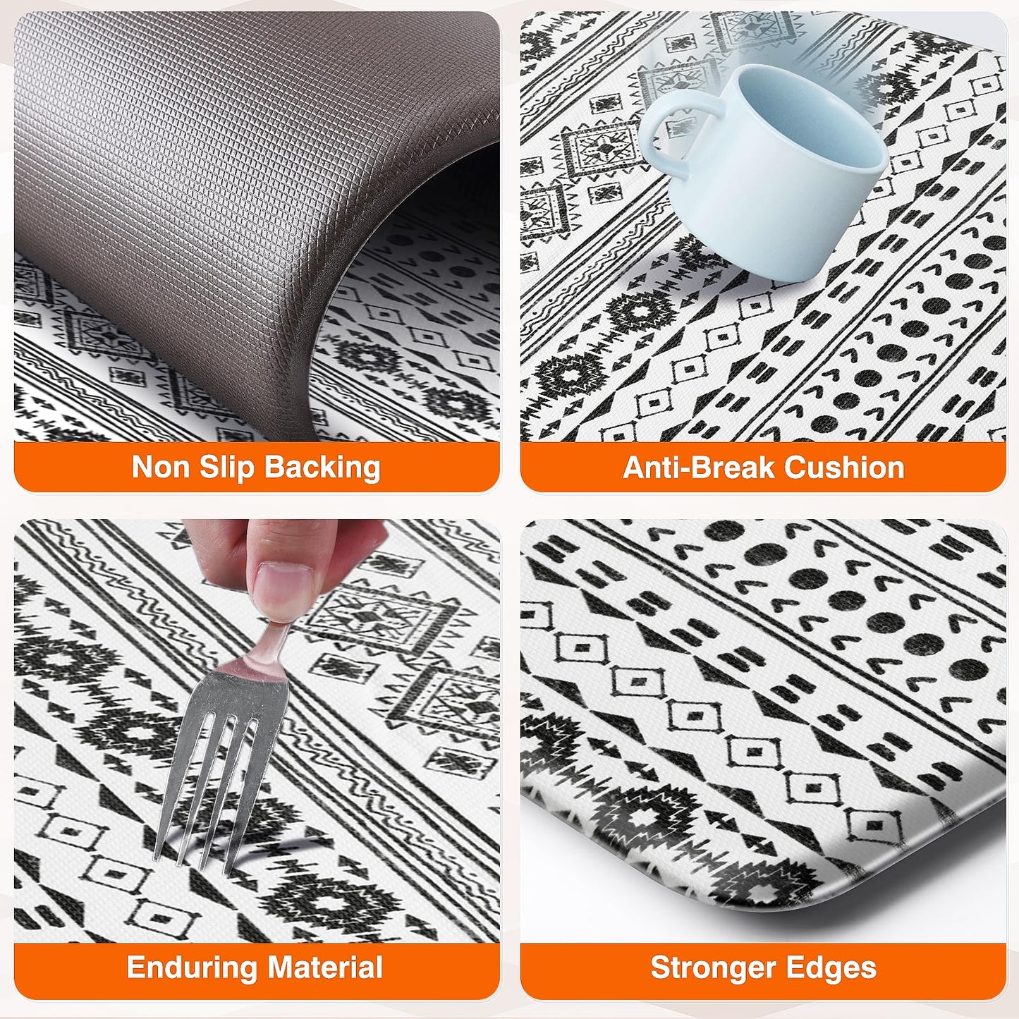 StepRite Kitchen Mats for Floor, Kitchen Rugs Sets of 2, Non-Slip Washable Kitchen Decor Rugs, Anti Fatigue Mats for Kitchen Floor, Sink, Office, Laundry, 17.3"×30"+17.3"×59", Black and White