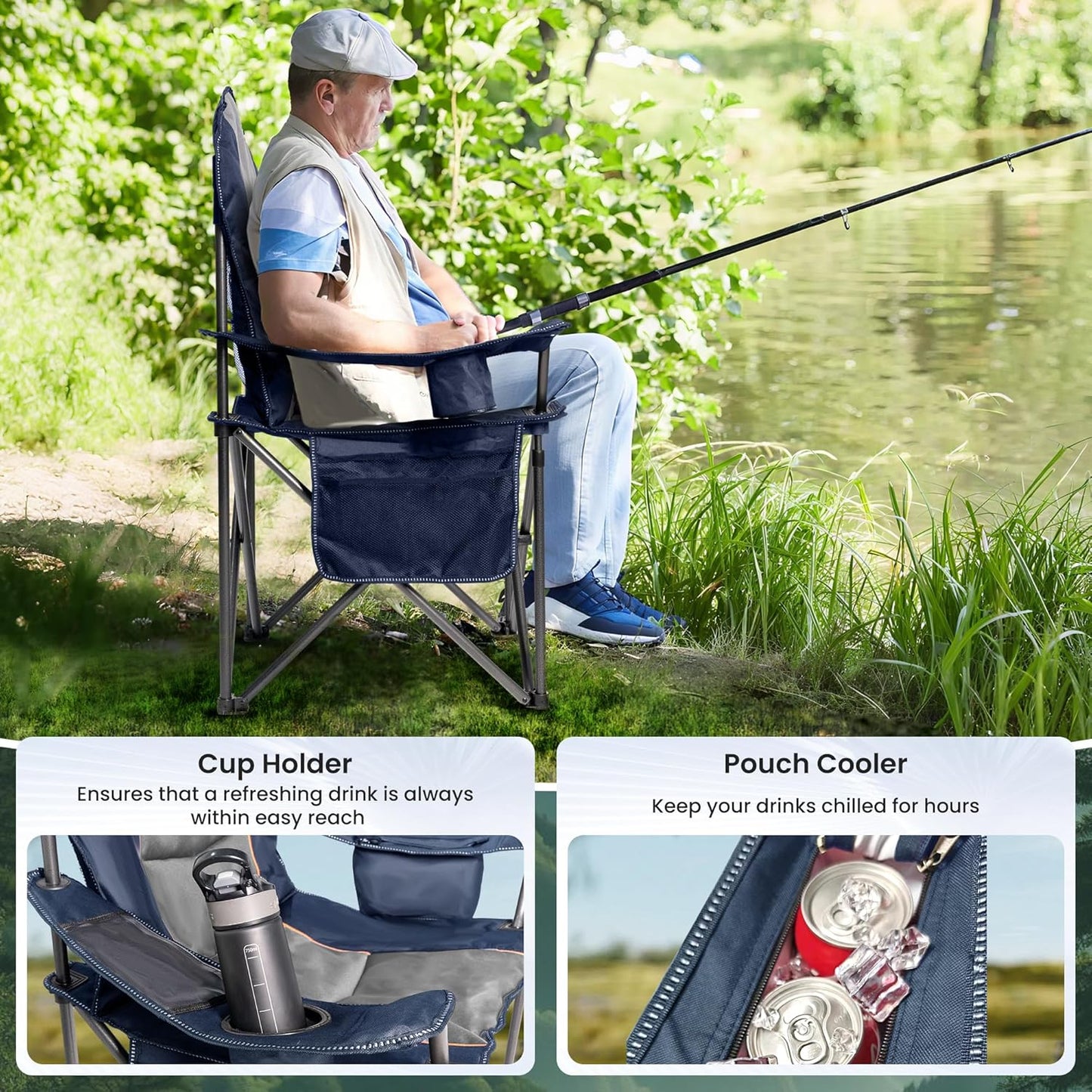 Skiennix Oversized Camping Chair - Heavy Duty Portable Folding Design with Cup Holder & Waterproof Phone Case | Blue & Gray, XL