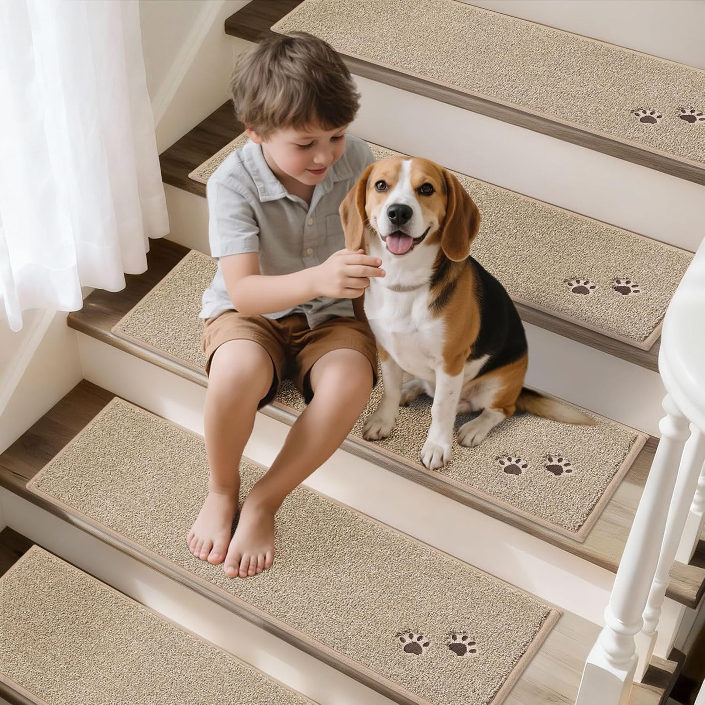 BEQHAUSE Non-Slip Carpet Stair Treads | Soft Indoor Stair Runners, 28"x9", 15pcs, Beige - Machine Washable