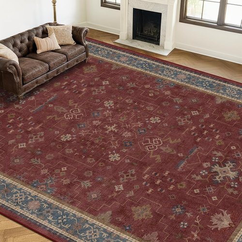 Hazo Haus Moroccan Area Rug - Dark Red 10x14 Washable Lightweight Low Pile for Living Room & Bedroom