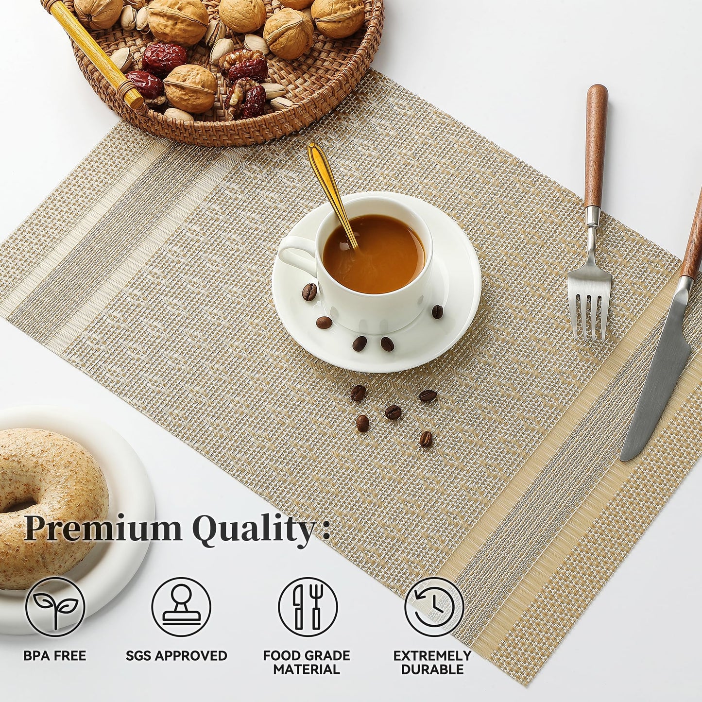 Leetaltree Stardust Yellow Placemats Set of 4 - Heat Resistant Non-Slip Place mats for Dining Table, Washable Durable PVC Vinyl Woven Table Mats（Stardust Yellow, 4）