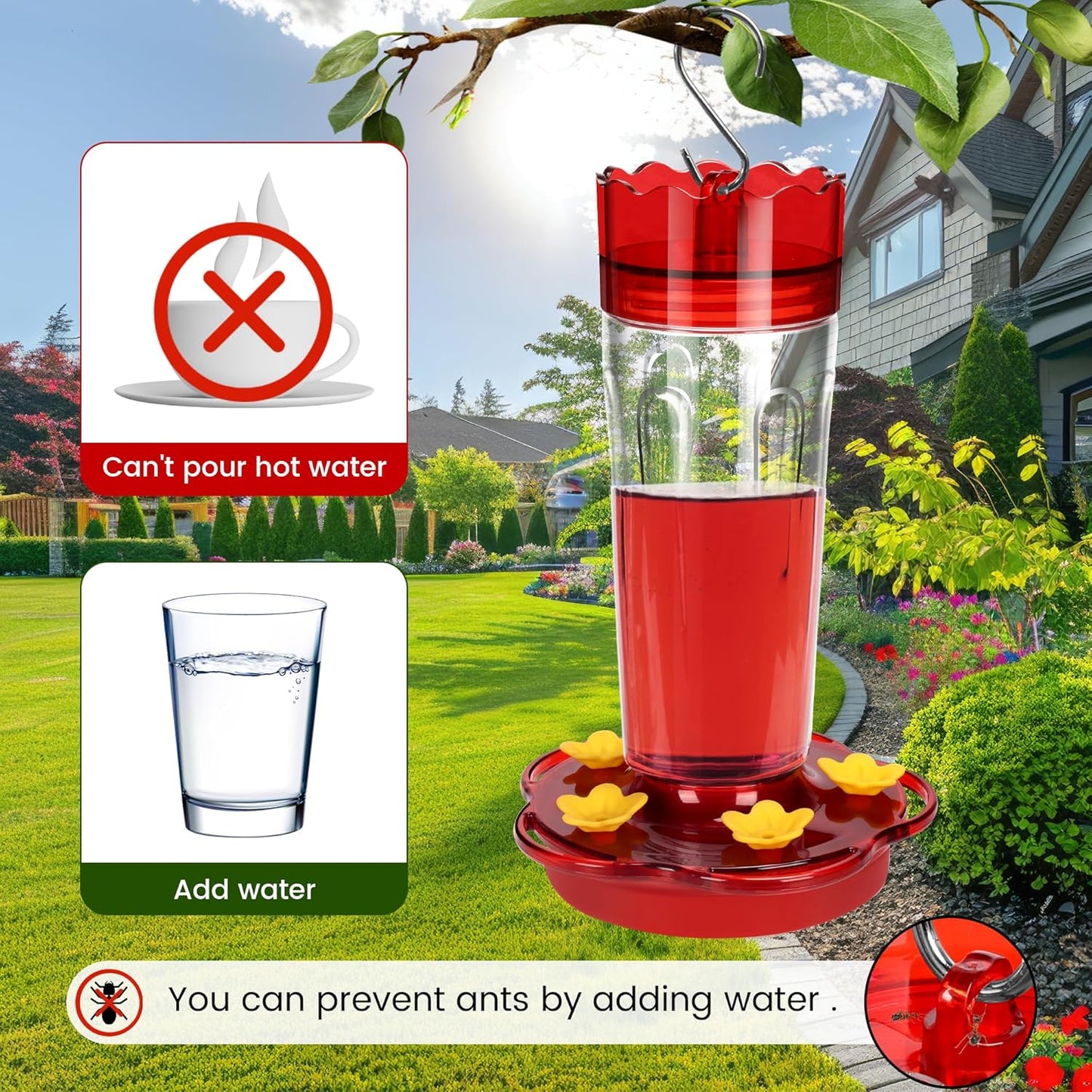 Skiennix Hummingbird Feeders - 15 Ounce Red Outdoor Feeders with 5 Ports & Ant Moat | 2 Pack