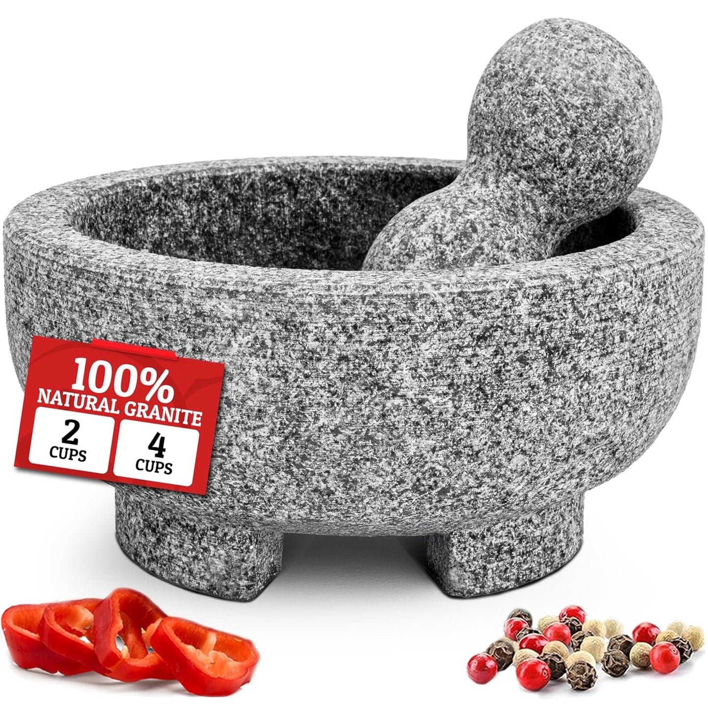 PriorityChef Granite Mortar and Pestle Set - 8-Inch Natural Stone Bowl for Spices & Guacamole | Grey