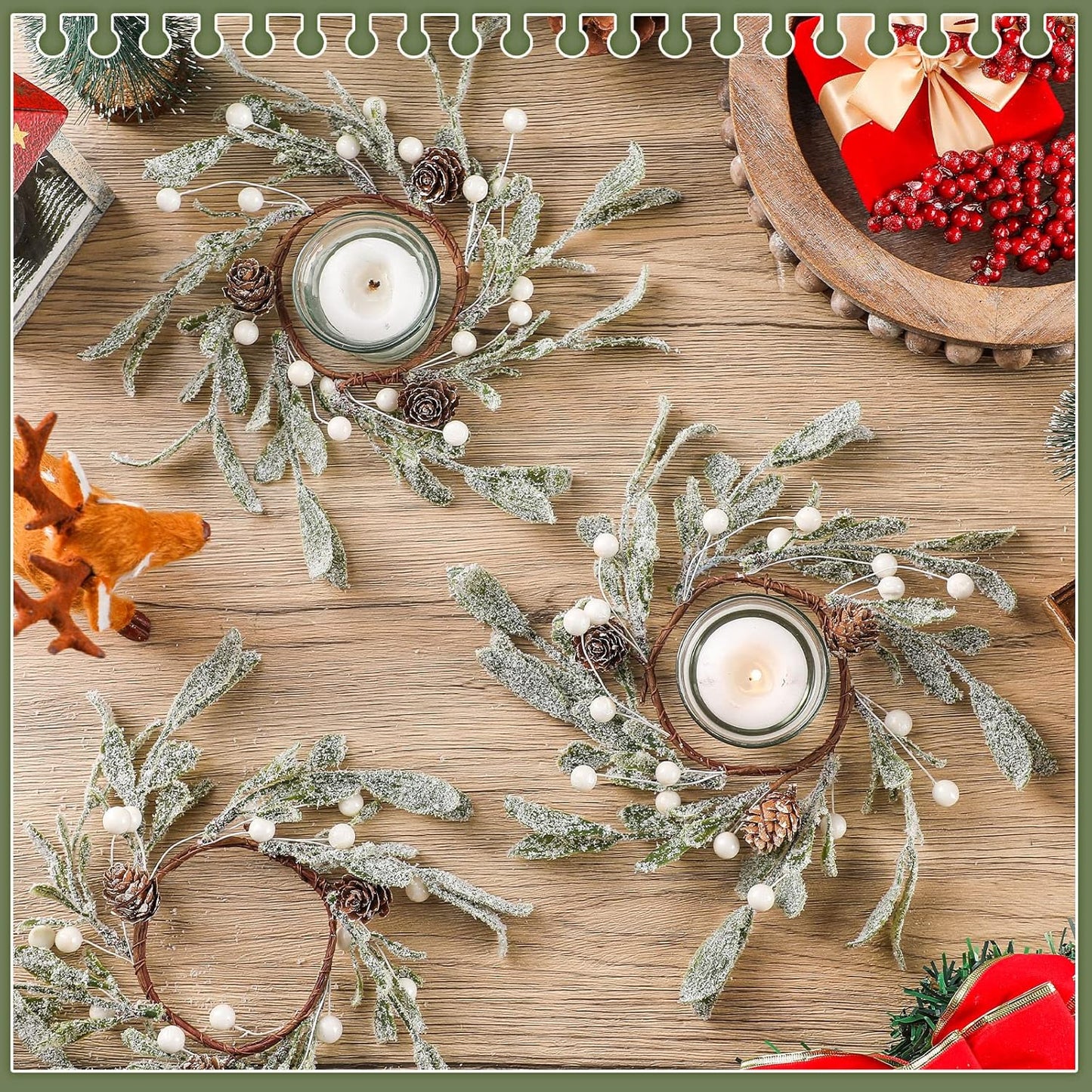 Skiennix Christmas Pillar Candle Rings - 6 Pieces Frosted Mistletoe Wreaths with Pearl Accents for Holiday Decor