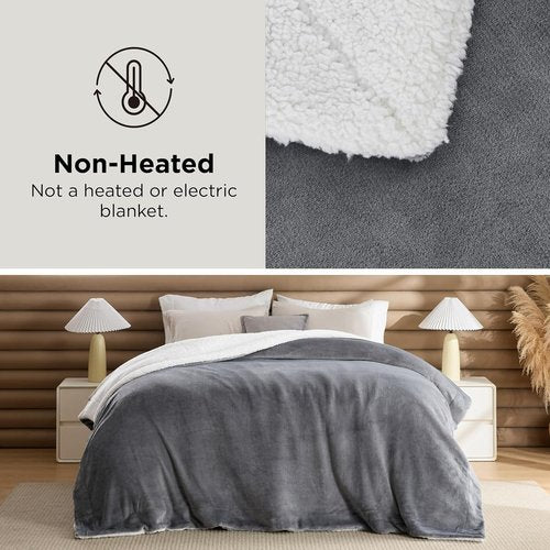 Bedsure GentleSoft Sherpa Fleece Queen Blanket - Thick, Warm, Plush Throw for Winter - Grey, 90x90 Inches
