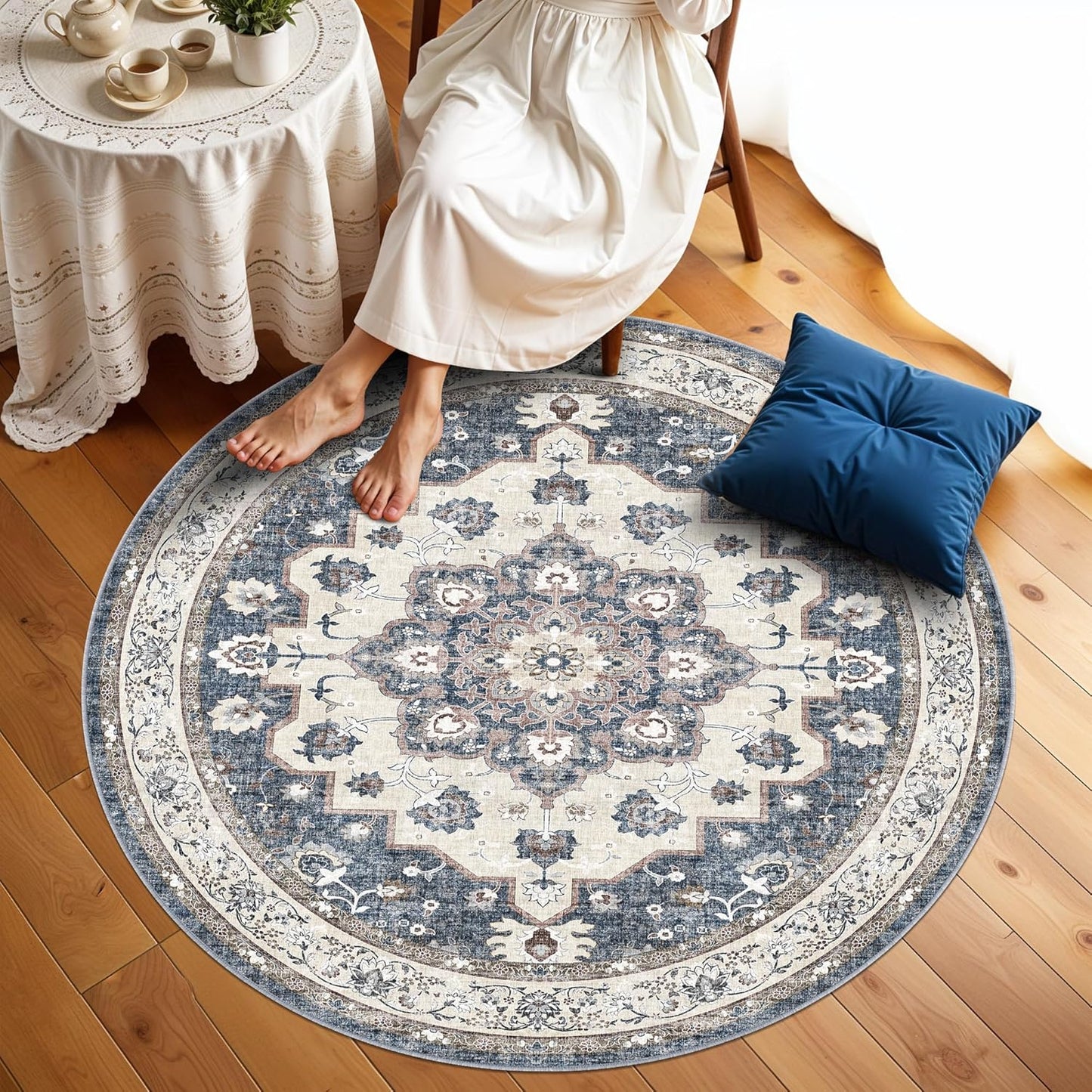 Skiennix Washable Circle Rug - 6ft Round Indoor Carpet | Ultra Thin, Water Resistant, Floral Design in Blue