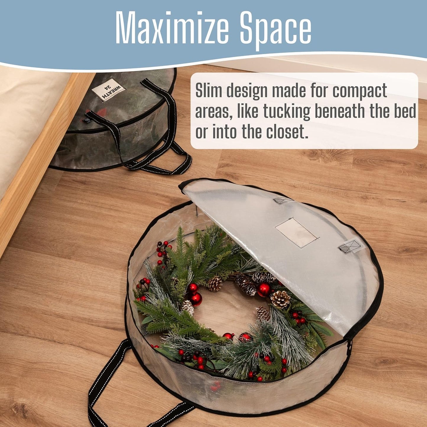 VENO Wreath Storage Container - 24 Inch Heavy-Duty Clear Bag with Wall Hanging Handles | 4 Pack