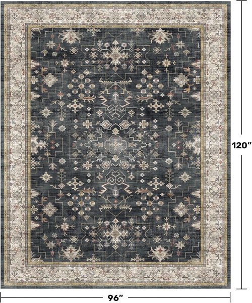 Black Farmhouse Area Rug - Washable 8x10 for Living Room, Bedroom & Dining Room | Stain Resistant & Non-Slip