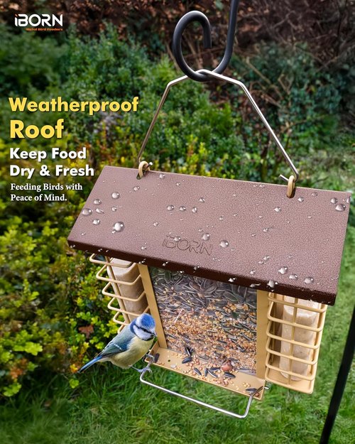 iBorn Bird Feeders - Weatherproof Suet Feeder with Double Holders | Easy to Refill & Clean, 3.2 LB Capacity, Coffee Roof & Yellow Grid